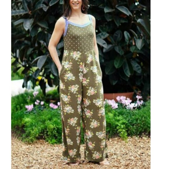 Matilda Jane Pants - NEW MATILDA JANE Khaki Floral Pocket Work of Art Sleeveless Jumpsuit ROMPER 4 6